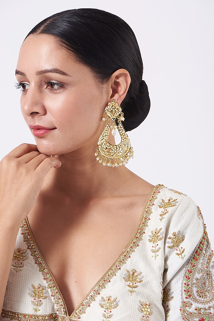 Gold Finish Jadau & Pearl Dangler Earrings by VASTRAA Jewellery
