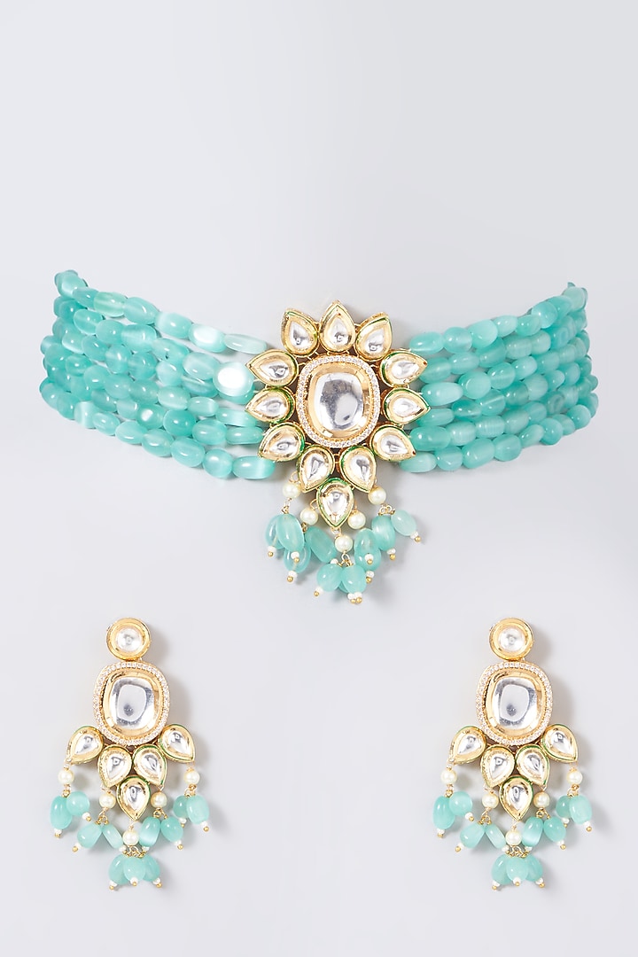 Gold Finish Kundan Polki & Turquoise Beaded Necklace Set by VASTRAA Jewellery at Pernia's Pop Up Shop