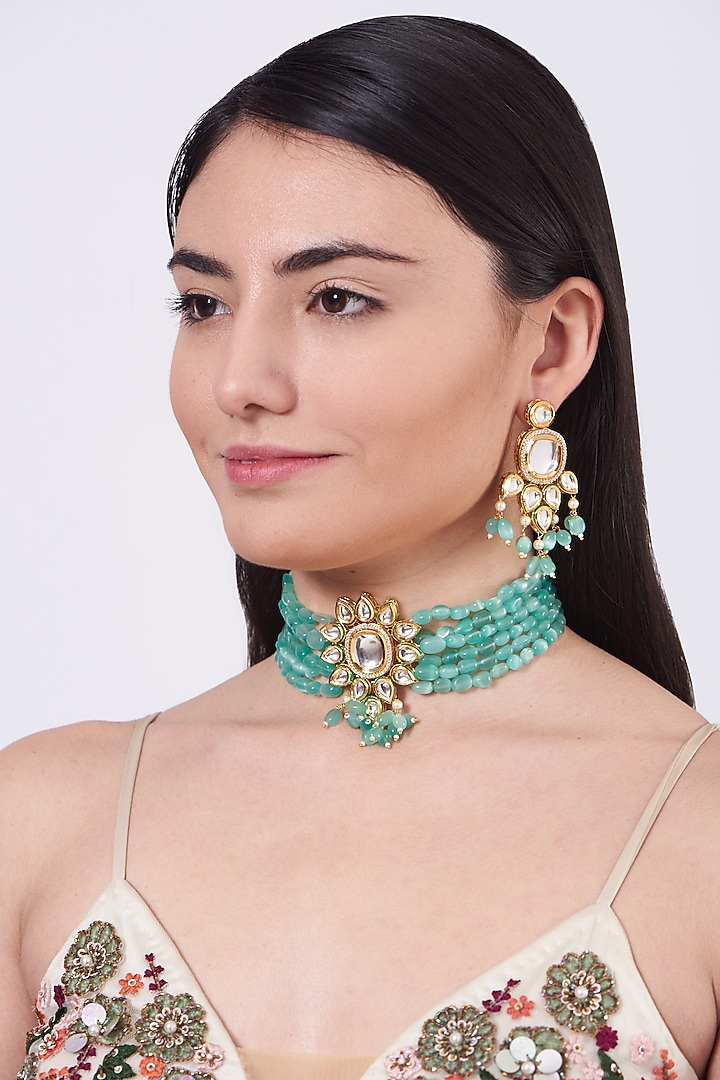 Gold Finish Kundan Polki & Turquoise Beaded Necklace Set by VASTRAA Jewellery at Pernia's Pop Up Shop