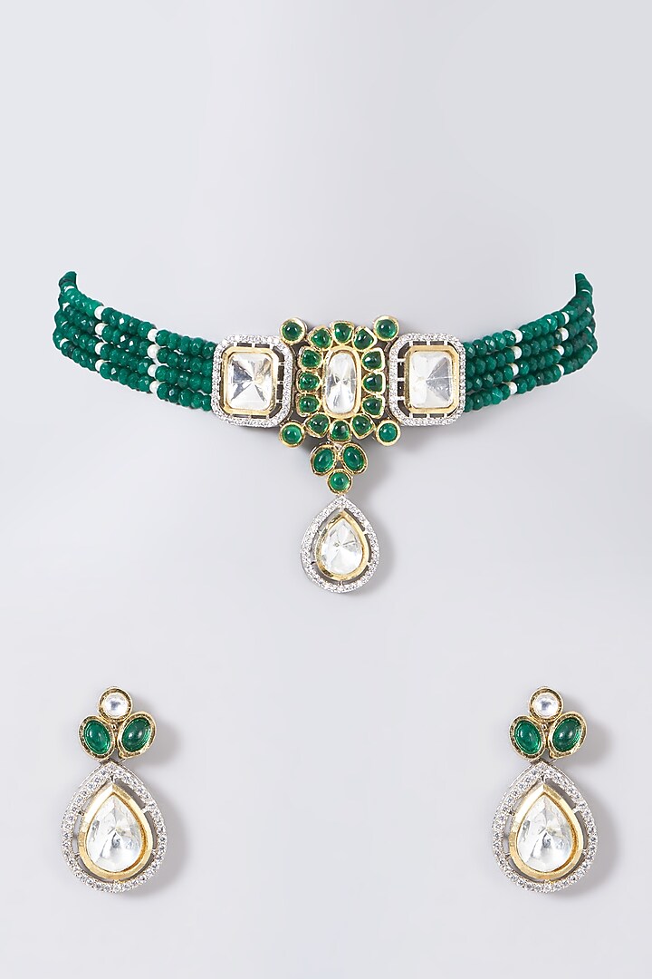 Two Tone Finish Kundan Polki & Green Beaded Choker Necklace Set by VASTRAA Jewellery at Pernia's Pop Up Shop