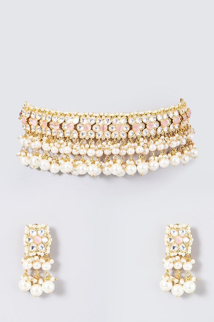 Gold Finish Kundan Polki & Pearl Necklace Set by VASTRAA Jewellery at Pernia's Pop Up Shop