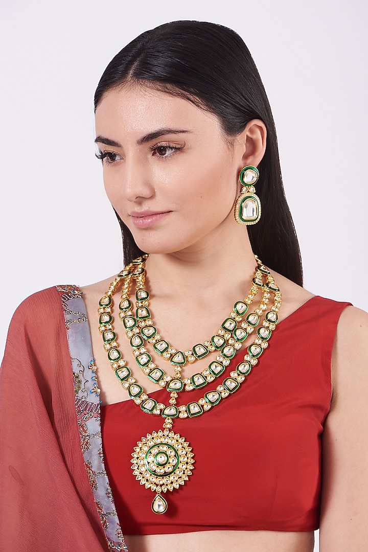 Gold Finish Kundan Polki Green Enameled Long Necklace Set by VASTRAA Jewellery