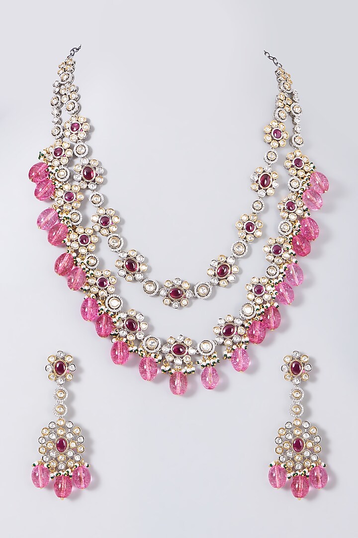 Two Tone Finish Red Synthetic Stone Layered Necklace Set by VASTRAA Jewellery at Pernia's Pop Up Shop