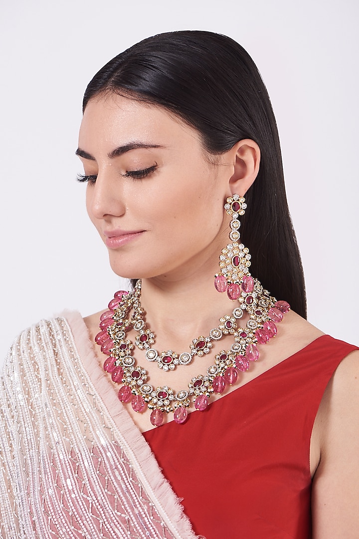Two Tone Finish Red Synthetic Stone Layered Necklace Set by VASTRAA Jewellery