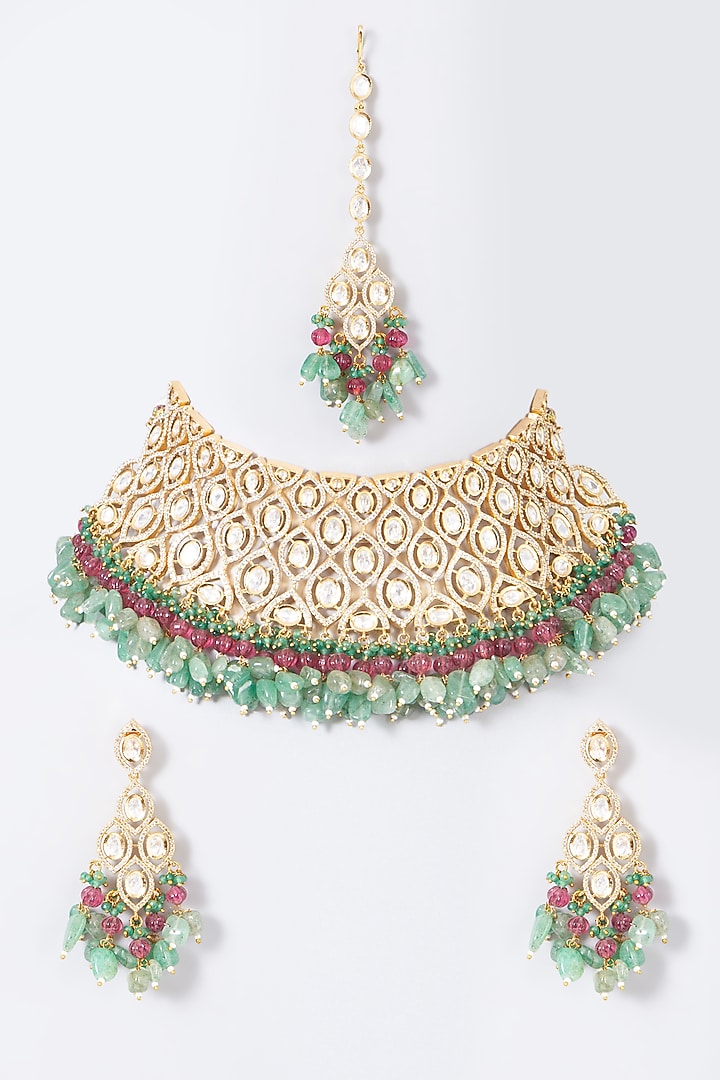 Gold Finish Red & Green Beaded Choker Necklace Set by VASTRAA Jewellery at Pernia's Pop Up Shop