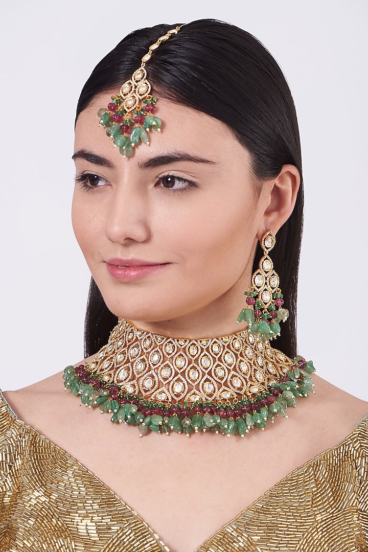 Gold Finish Red & Green Beaded Choker Necklace Set by VASTRAA Jewellery