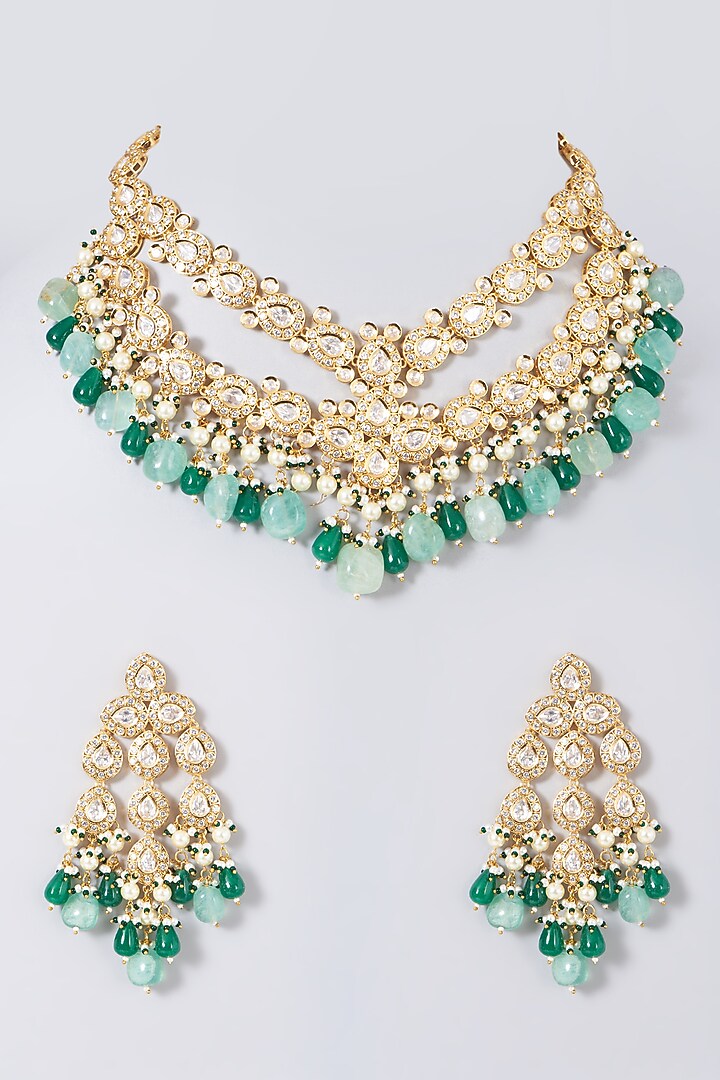 Gold Finish Green & Blue Beaded Choker Necklace Set by VASTRAA Jewellery at Pernia's Pop Up Shop