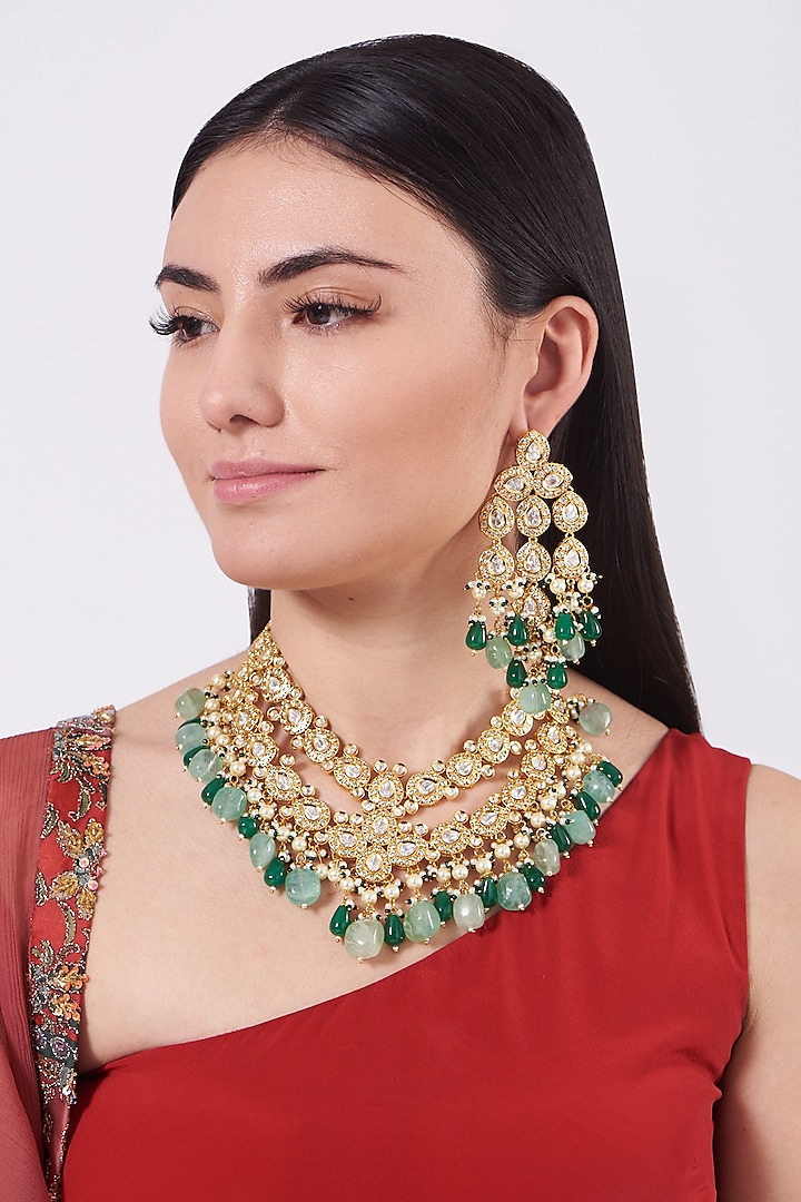 Gold Finish Green & Blue Beaded Choker Necklace Set by VASTRAA Jewellery