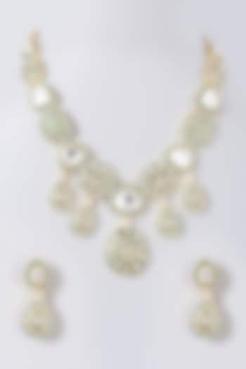 Gold Finish Kundan Polki Enamelled Necklace Set by VASTRAA Jewellery