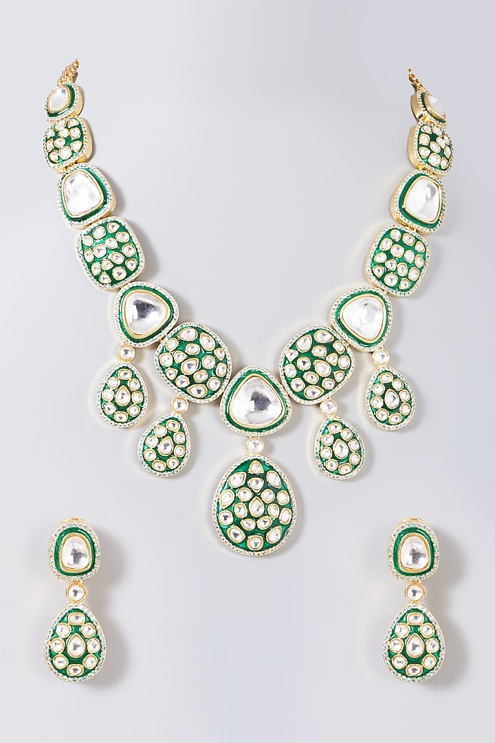 Gold Finish Kundan Polki Enameled Necklace Set by VASTRAA Jewellery at Pernia's Pop Up Shop