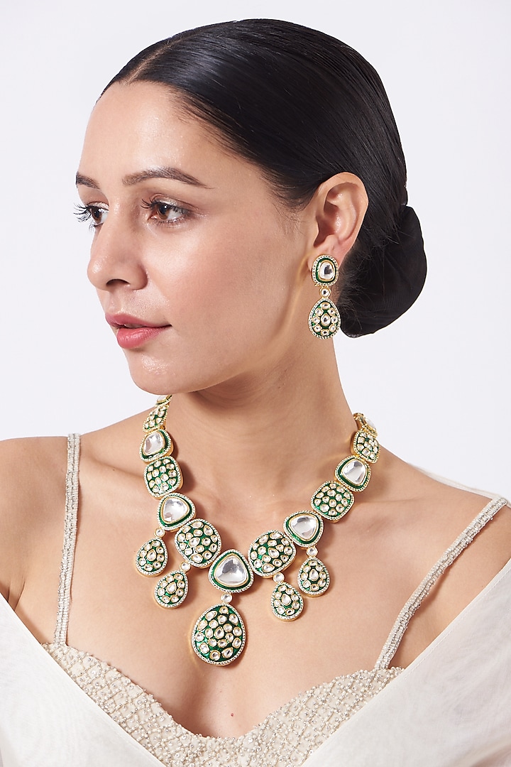 Gold Finish Kundan Polki Enameled Necklace Set by VASTRAA Jewellery