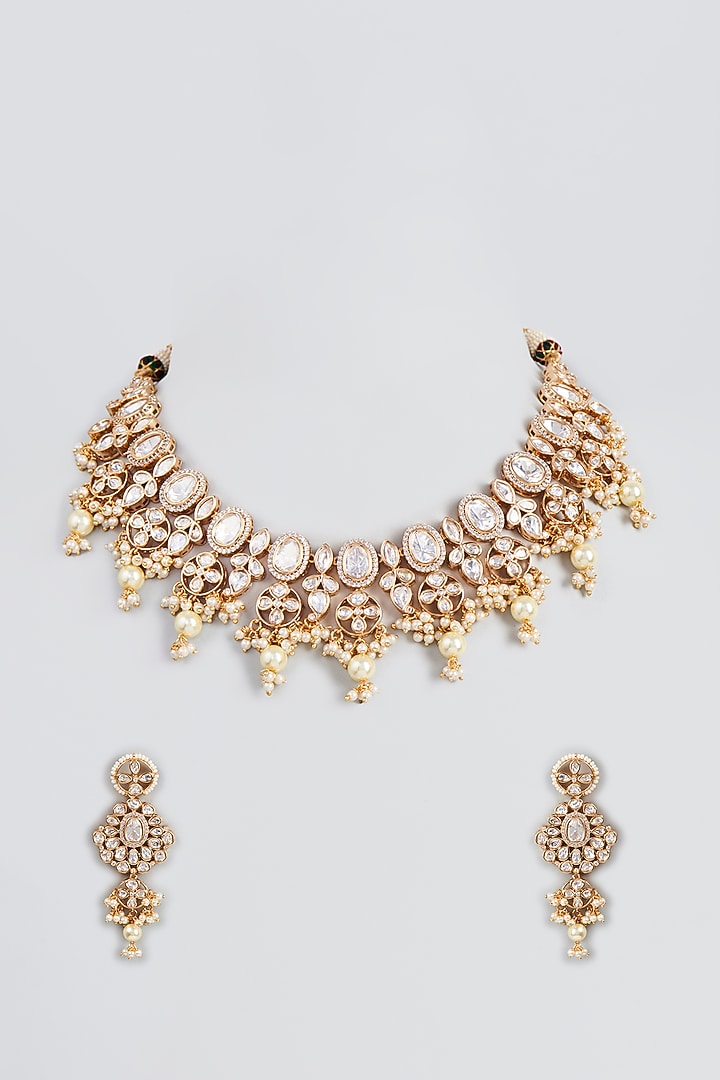 Gold Finish Kundan Polki & Pearl Choker Necklace Set by VASTRAA Jewellery at Pernia's Pop Up Shop