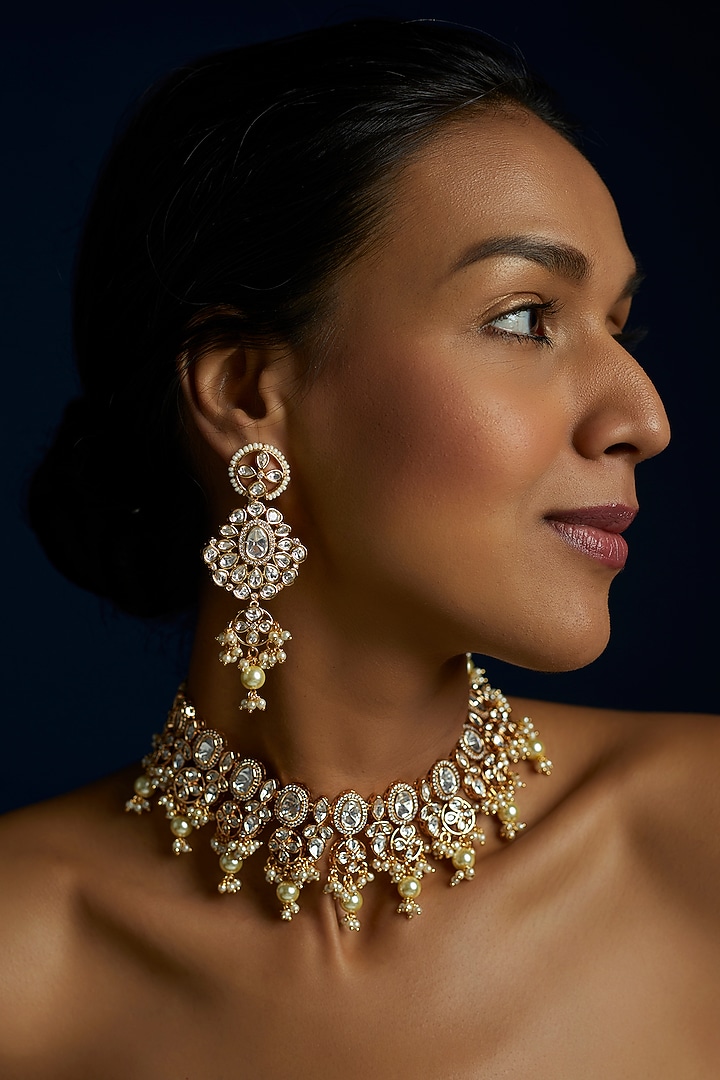 Gold Finish Kundan Polki & Pearl Choker Necklace Set by VASTRAA Jewellery at Pernia's Pop Up Shop
