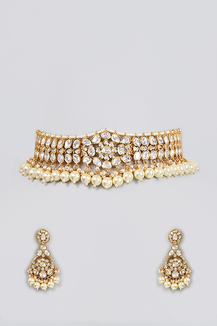 Gold Finish Pearl & Kundan Polki Choker Necklace Set by VASTRAA Jewellery at Pernia's Pop Up Shop