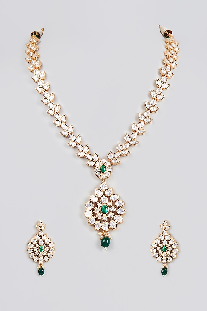 Gold Finish Green Stone & Kundan Polki Necklace Set by VASTRAA Jewellery at Pernia's Pop Up Shop
