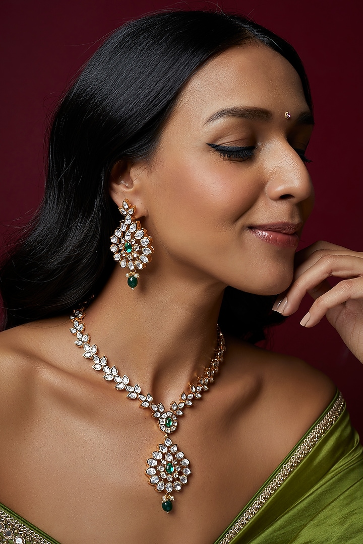 Gold Finish Green Stone & Kundan Polki Necklace Set by VASTRAA Jewellery at Pernia's Pop Up Shop