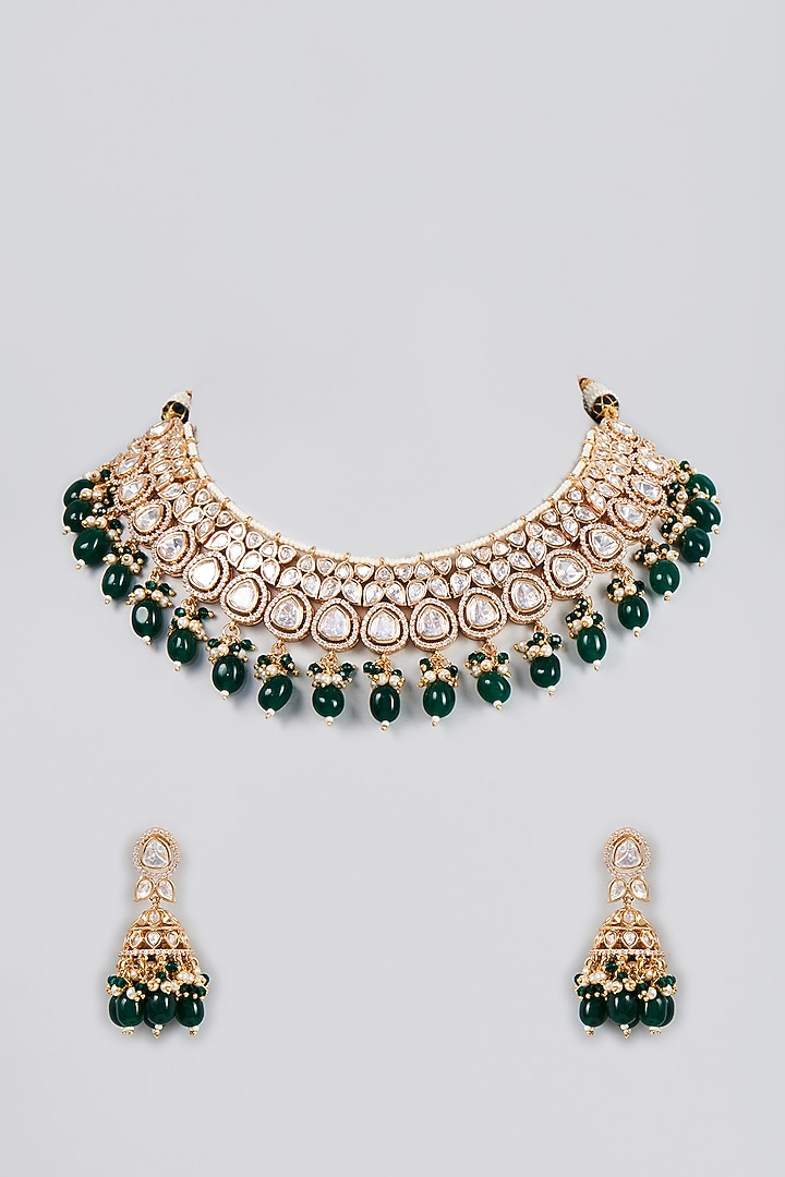 Gold Finish Kundan Polki & Green Beaded Choker Necklace Set by VASTRAA Jewellery at Pernia's Pop Up Shop