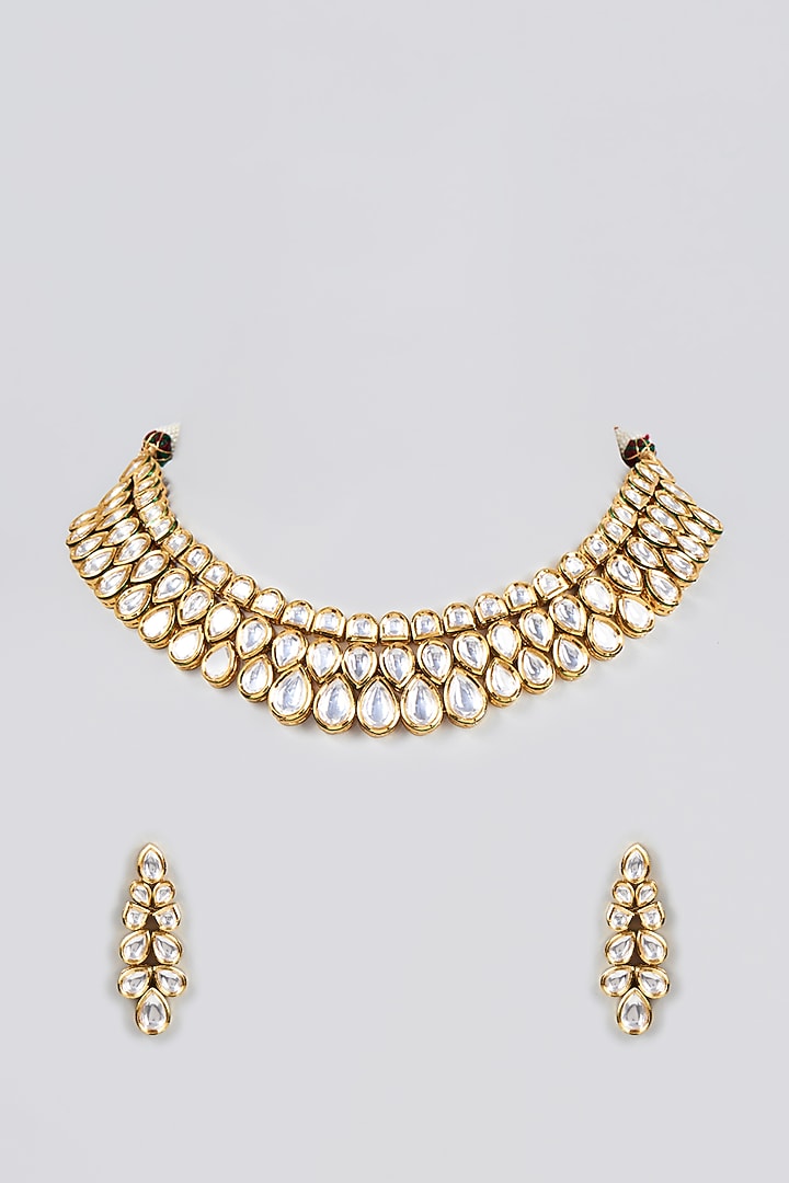 Gold Finish Kundan Polki Necklace Set by VASTRAA Jewellery at Pernia's Pop Up Shop