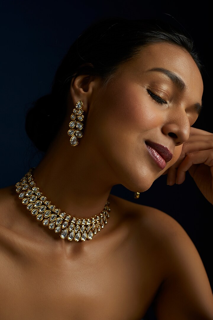 Gold Finish Kundan Polki Necklace Set by VASTRAA Jewellery at Pernia's Pop Up Shop