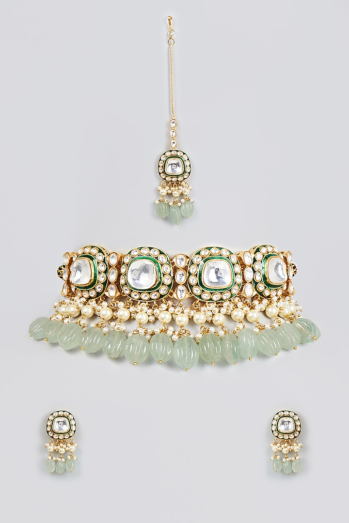 Gold Finish Pearl & Kundan Polki Choker Necklace Set by VASTRAA Jewellery at Pernia's Pop Up Shop