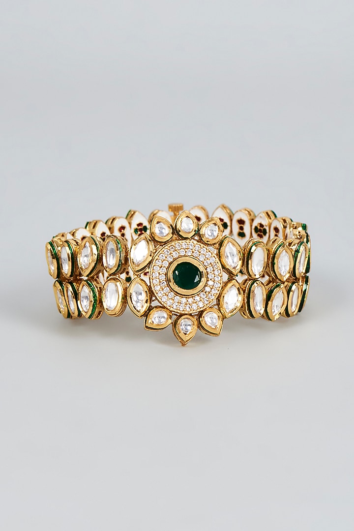 Gold Finish Kundan Polki & Green Stone Bracelet by VASTRAA Jewellery at Pernia's Pop Up Shop