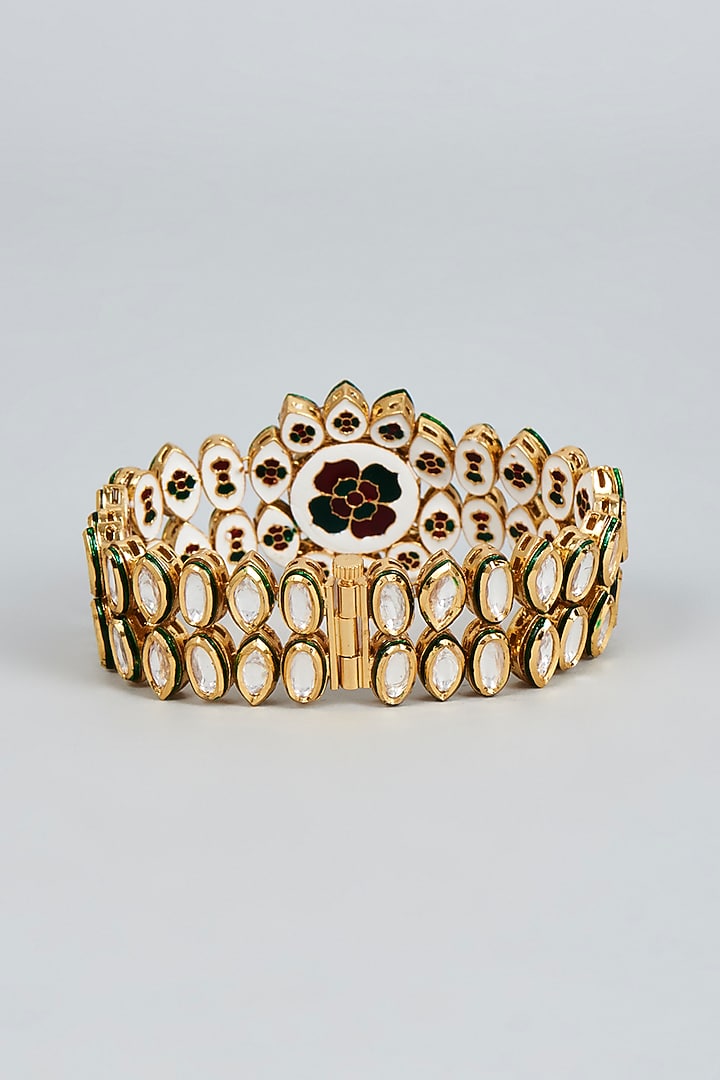 Gold Finish Kundan Polki & Green Stone Bracelet by VASTRAA Jewellery at Pernia's Pop Up Shop