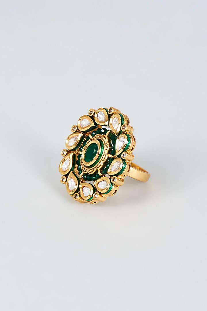 Gold Finish Kundan Polki & Green Stone Ring by VASTRAA Jewellery at Pernia's Pop Up Shop