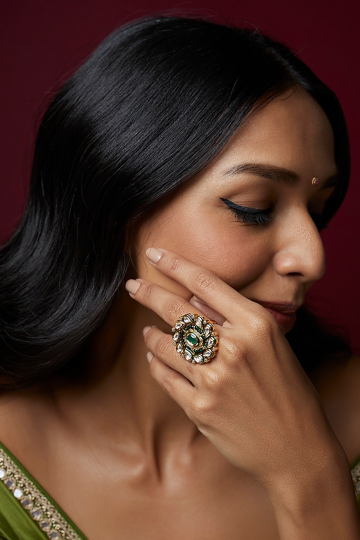 Gold Finish Kundan Polki & Green Stone Ring by VASTRAA Jewellery