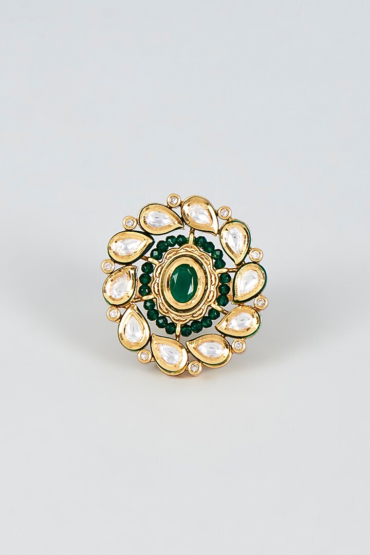 Gold Finish Kundan Polki & Green Stone Ring by VASTRAA Jewellery at Pernia's Pop Up Shop