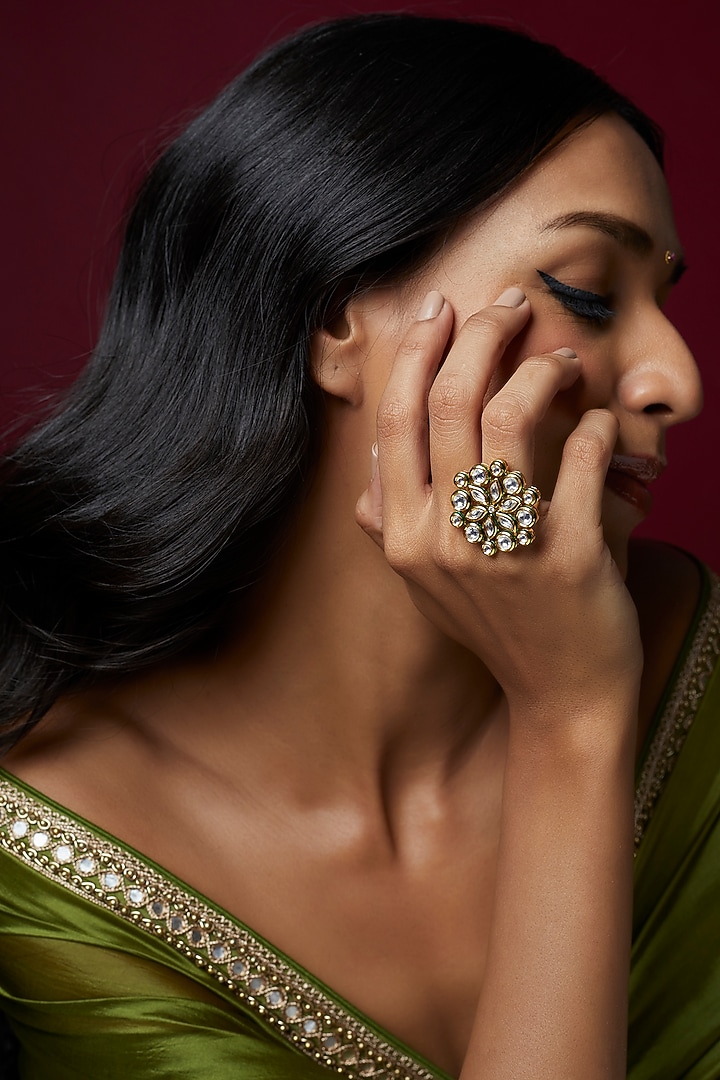 Gold Finish Kundan Polki Ring by VASTRAA Jewellery at Pernia's Pop Up Shop