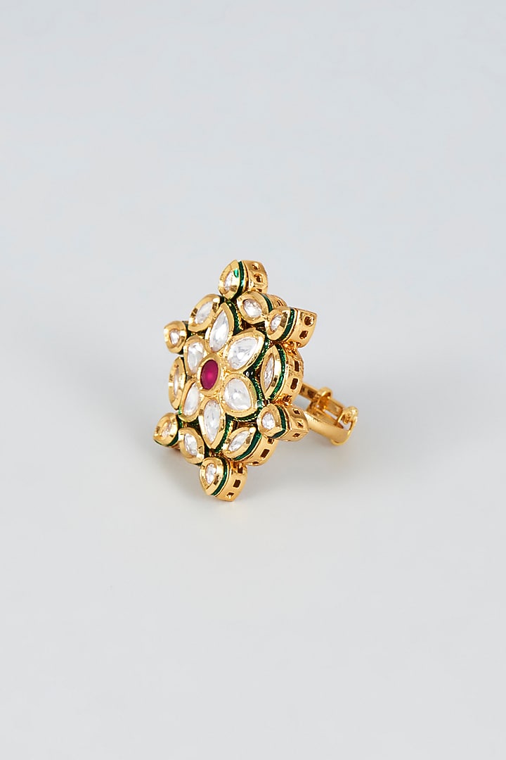 Gold Finish Kundan Polki & Red Stone Ring by VASTRAA Jewellery at Pernia's Pop Up Shop
