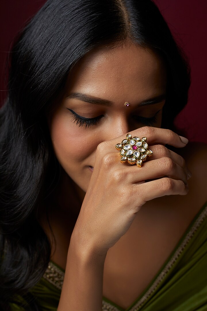 Gold Finish Kundan Polki & Red Stone Ring by VASTRAA Jewellery at Pernia's Pop Up Shop