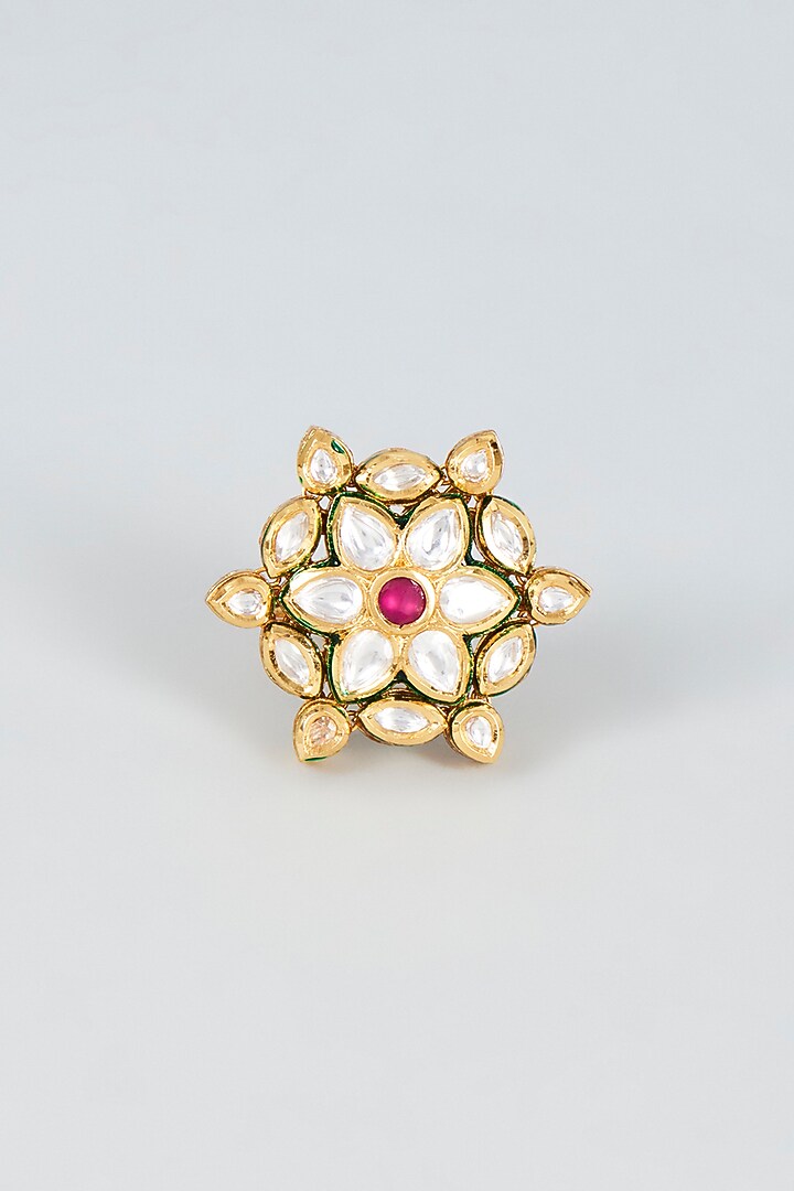 Gold Finish Kundan Polki & Red Stone Ring by VASTRAA Jewellery at Pernia's Pop Up Shop