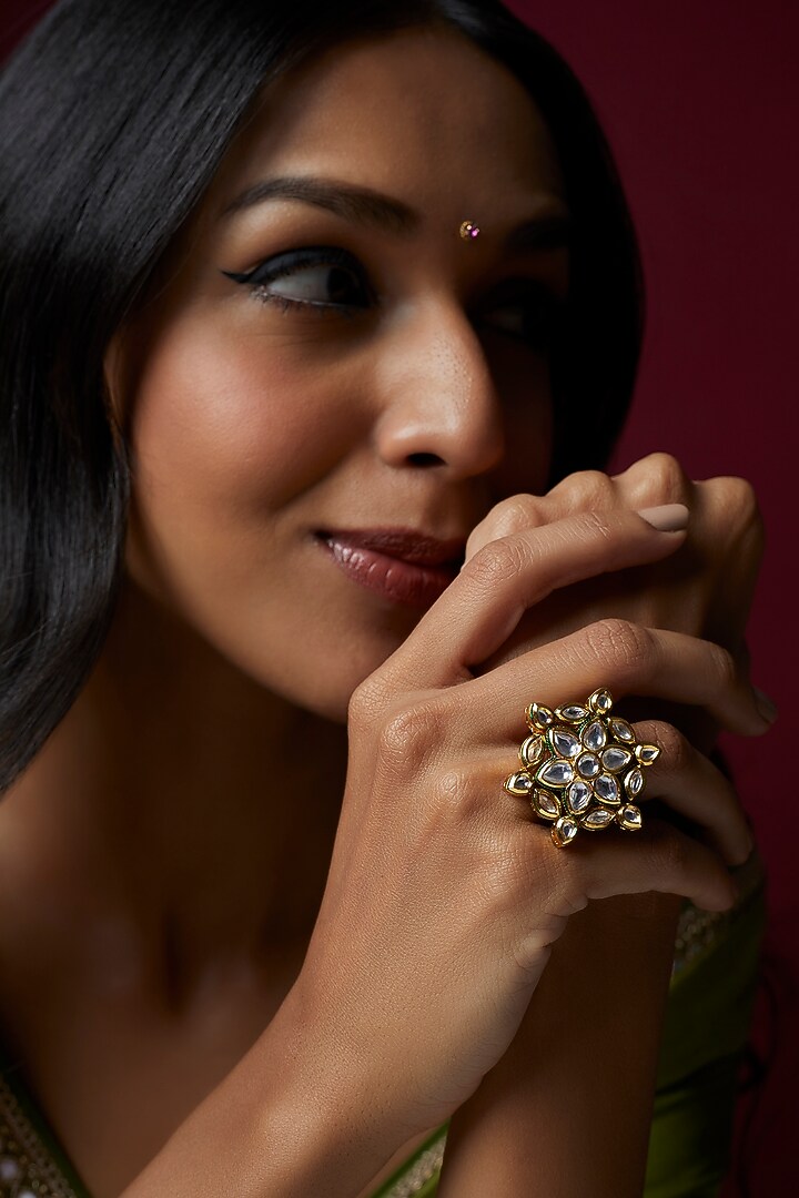 Gold Finish Kundan Polki Ring by VASTRAA Jewellery at Pernia's Pop Up Shop