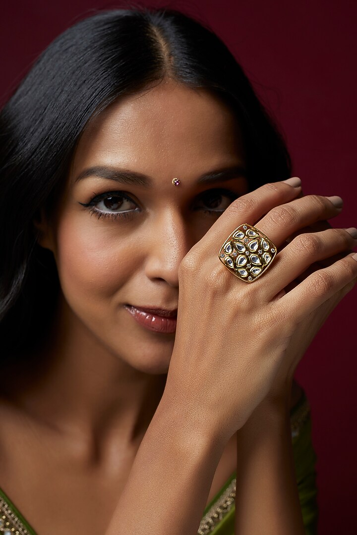 Gold Finish Kundan Polki Ring by VASTRAA Jewellery at Pernia's Pop Up Shop