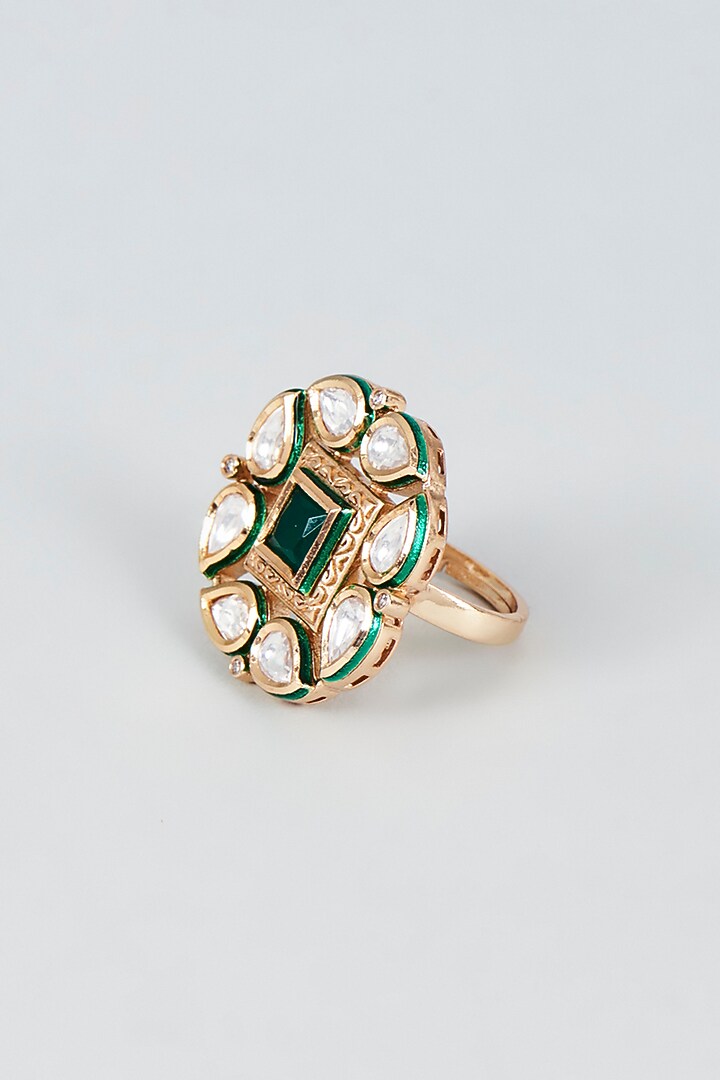 Gold Finish Kundan Polki & Green Stone Ring by VASTRAA Jewellery at Pernia's Pop Up Shop