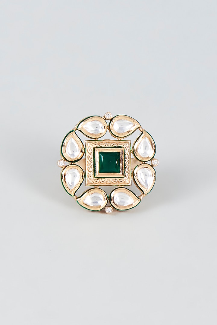 Gold Finish Kundan Polki & Green Stone Ring by VASTRAA Jewellery at Pernia's Pop Up Shop