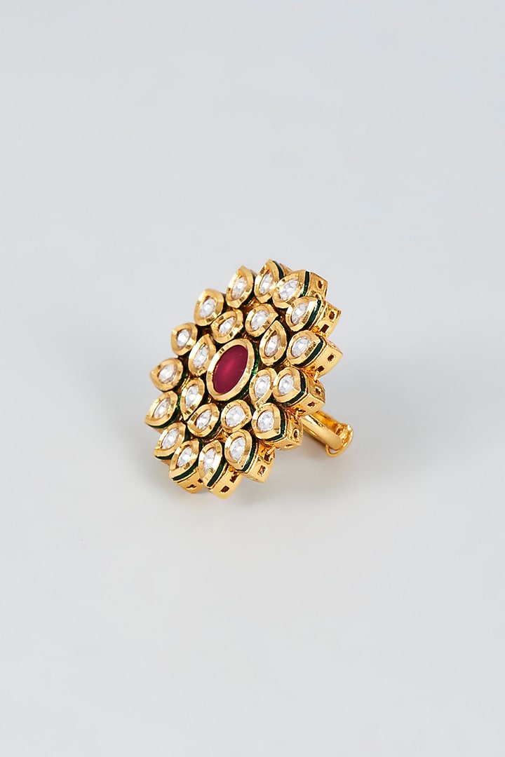 Gold Finish Kundan Polki & Red Stone Ring by VASTRAA Jewellery at Pernia's Pop Up Shop
