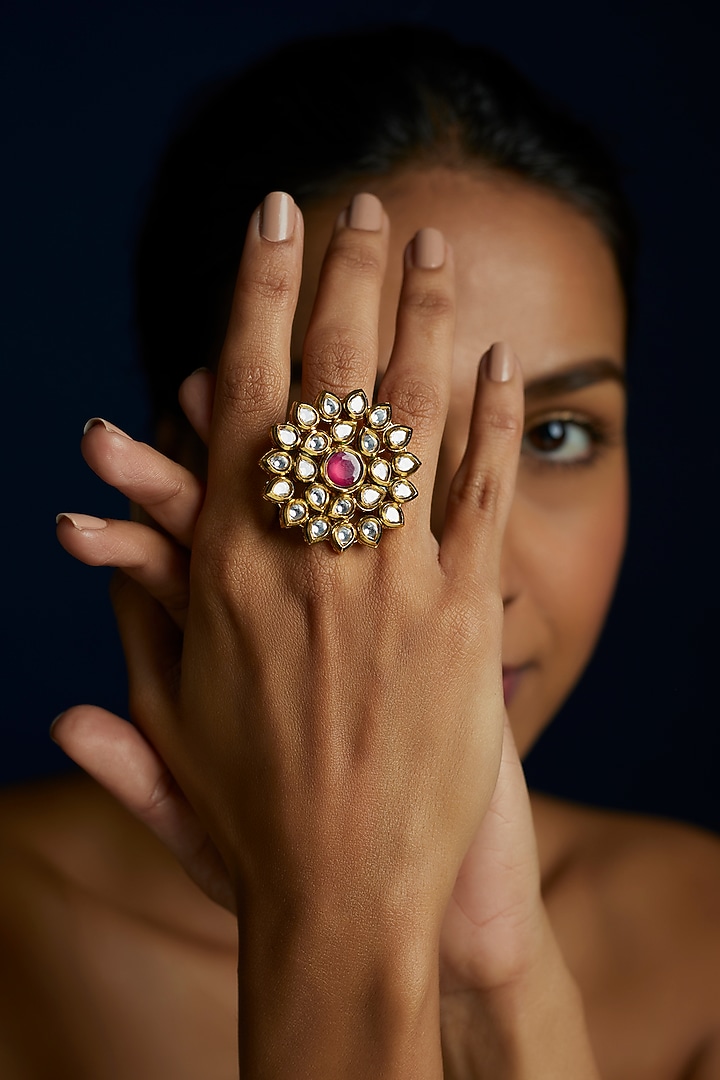 Gold Finish Kundan Polki & Red Stone Ring by VASTRAA Jewellery at Pernia's Pop Up Shop