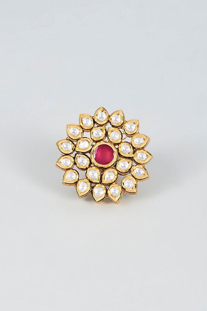 Gold Finish Kundan Polki & Red Stone Ring by VASTRAA Jewellery at Pernia's Pop Up Shop