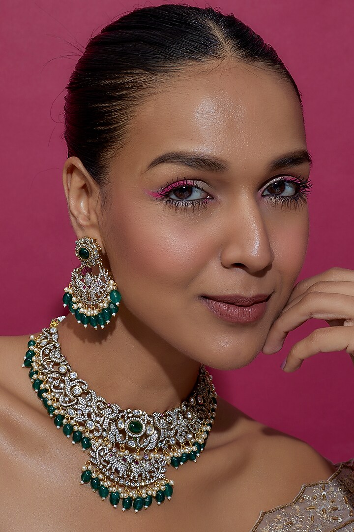 Black Rhodium Finish Kundan Polki & Green Beaded Choker Necklace Set by VASTRAA Jewellery at Pernia's Pop Up Shop