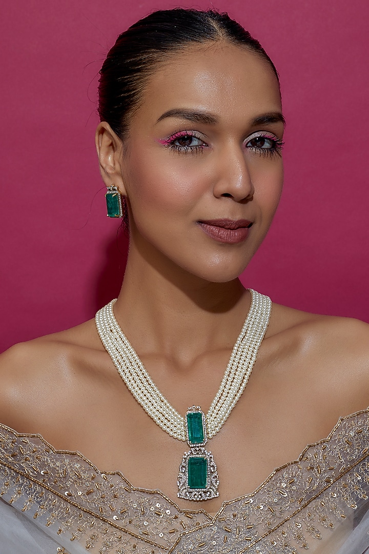 Black Rhodium Finish Kundan Polk & Pearl Long Necklace Set by VASTRAA Jewellery at Pernia's Pop Up Shop