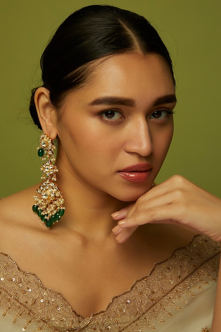 Gold Finish Kundan Polki & Green Beaded Dangler Earrings by VASTRAA Jewellery