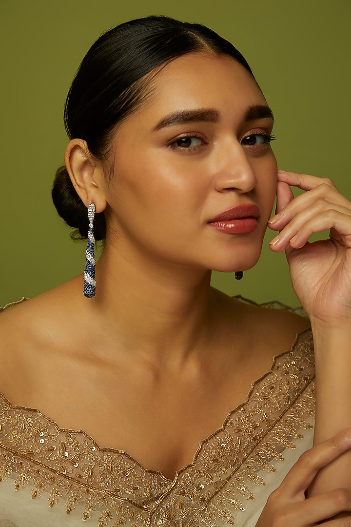 White Finish Green Stone Dangler Earrings by VASTRAA Jewellery at Pernia's Pop Up Shop