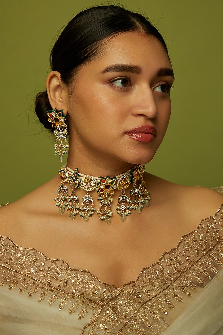 Gold Finish Kundan Polki & Multi-Colored Stone Choker Necklace Set by VASTRAA Jewellery at Pernia's Pop Up Shop
