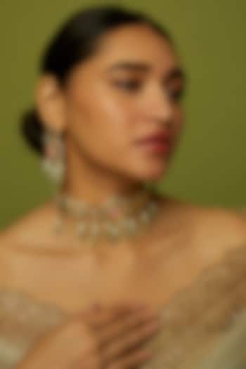 Gold Finish Kundan Polki & Green Beaded Choker Necklace Set by VASTRAA Jewellery at Pernia's Pop Up Shop