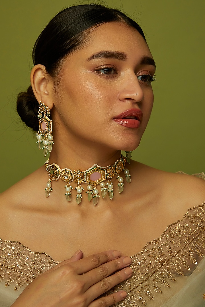 Gold Finish Kundan Polki & Green Beaded Choker Necklace Set by VASTRAA Jewellery at Pernia's Pop Up Shop