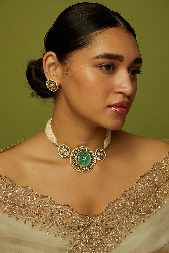 Gold Finish Pearl & Kundan Polki Choker Necklace Set by VASTRAA Jewellery at Pernia's Pop Up Shop