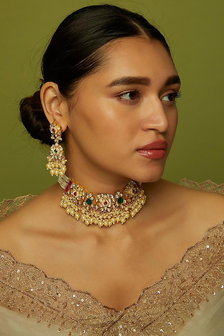 Gold Finish Kundan Polki & Multi-Colored Stone Choker Necklace Set by VASTRAA Jewellery