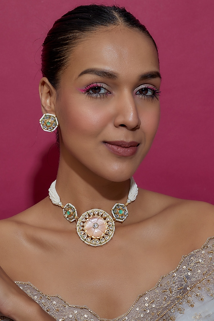 Gold Finish Kundan Polki & Pink Stone Choker Necklace Set by VASTRAA Jewellery at Pernia's Pop Up Shop